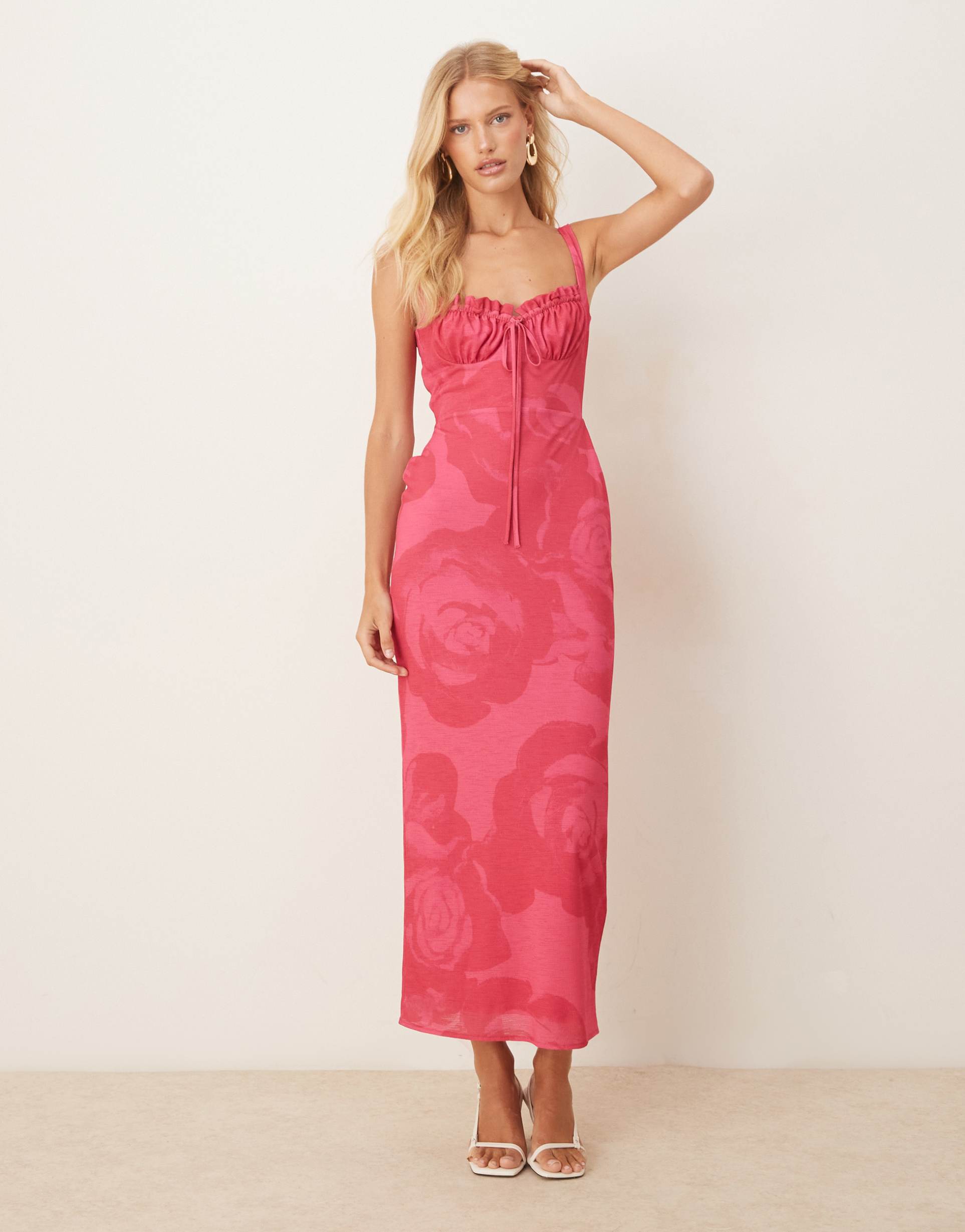 asos design ruched bust midi dress in soft pink floral