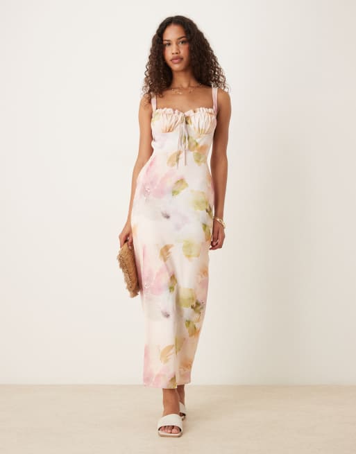 ASOS DESIGN ruched bust midi dress in soft pink floral
