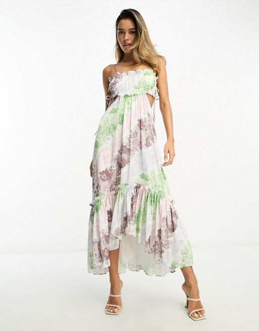 FhyzicsShops DESIGN ruched bust midi dress with tie detail and cut out in patch floral print