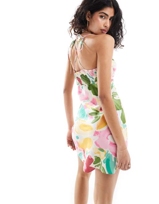 abstract print ruched cami dress ASOS DESIGN ruched bust cami maxi dress with lattice waist detail in  abstract print