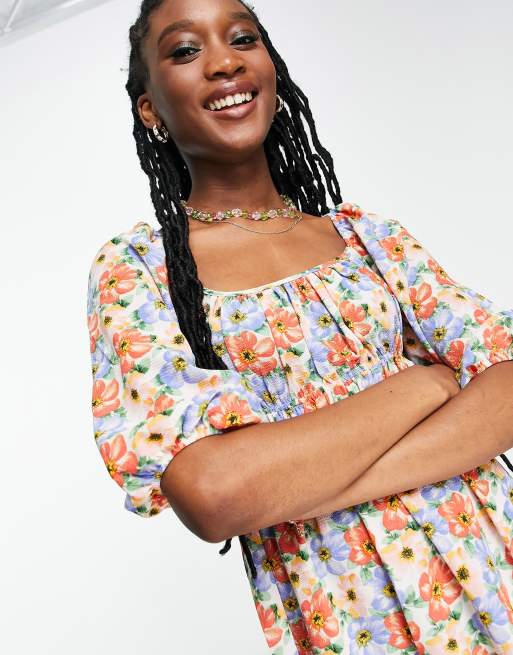 ASOS DESIGN ruched bust mini skater dress with puff sleeve in bold floral print, 3 of 4