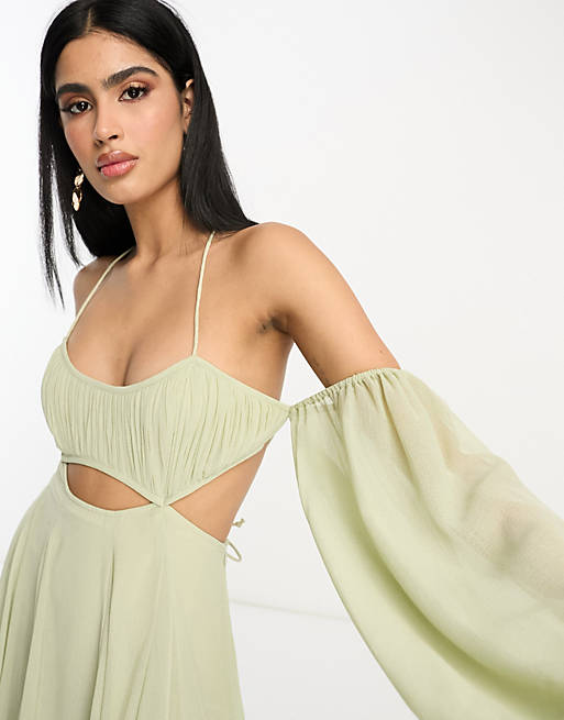 ASOS Design Ruched Bust Off Shoulder Cut Out Babydoll Maxi Dress in Light Green