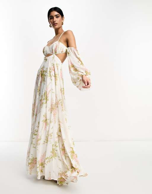 ASOS DESIGN ruched bust off shoulder cut out babydoll maxi dress in soft floral print