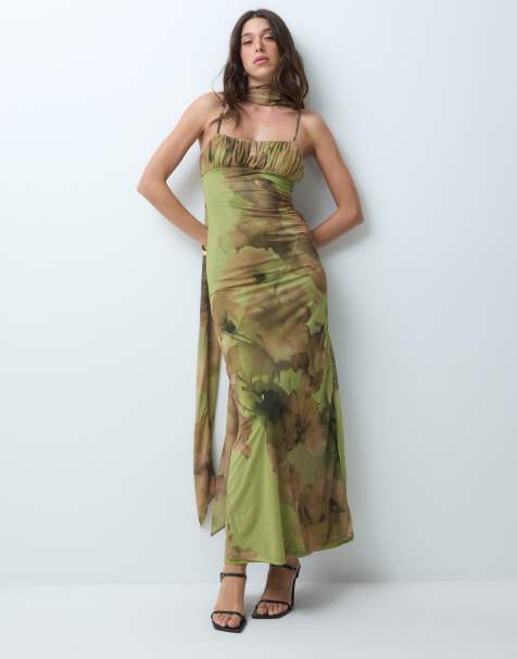 ASOS DESIGN ruched bust floral printed strappy maxi dress with scarf detail in green