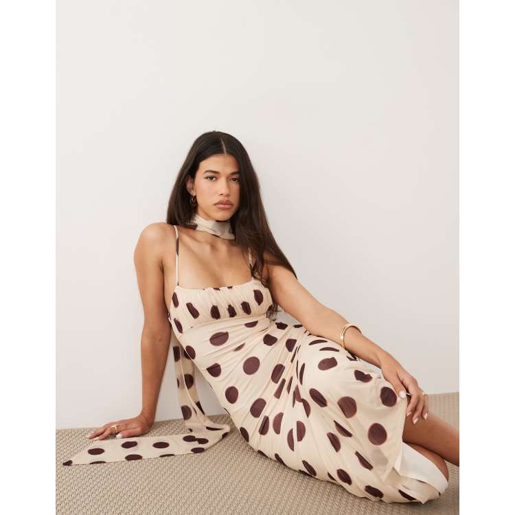 ASOS DESIGN ruched bust polka dot printed strappy maxi dress with scarf  detail in ivory | ASOS
