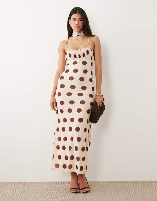 ASOS DESIGN ruched bust polka dot printed strappy maxi dress with scarf detail in ivory, 2 of 4