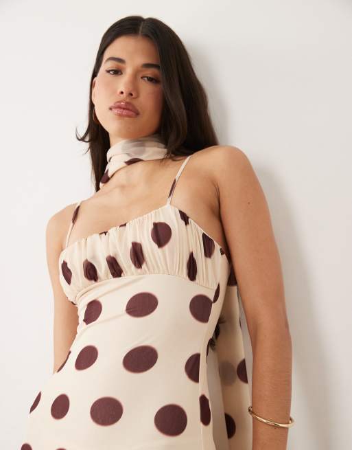 ASOS DESIGN ruched bust polka dot printed strappy maxi dress with scarf detail in ivory, 3 of 4