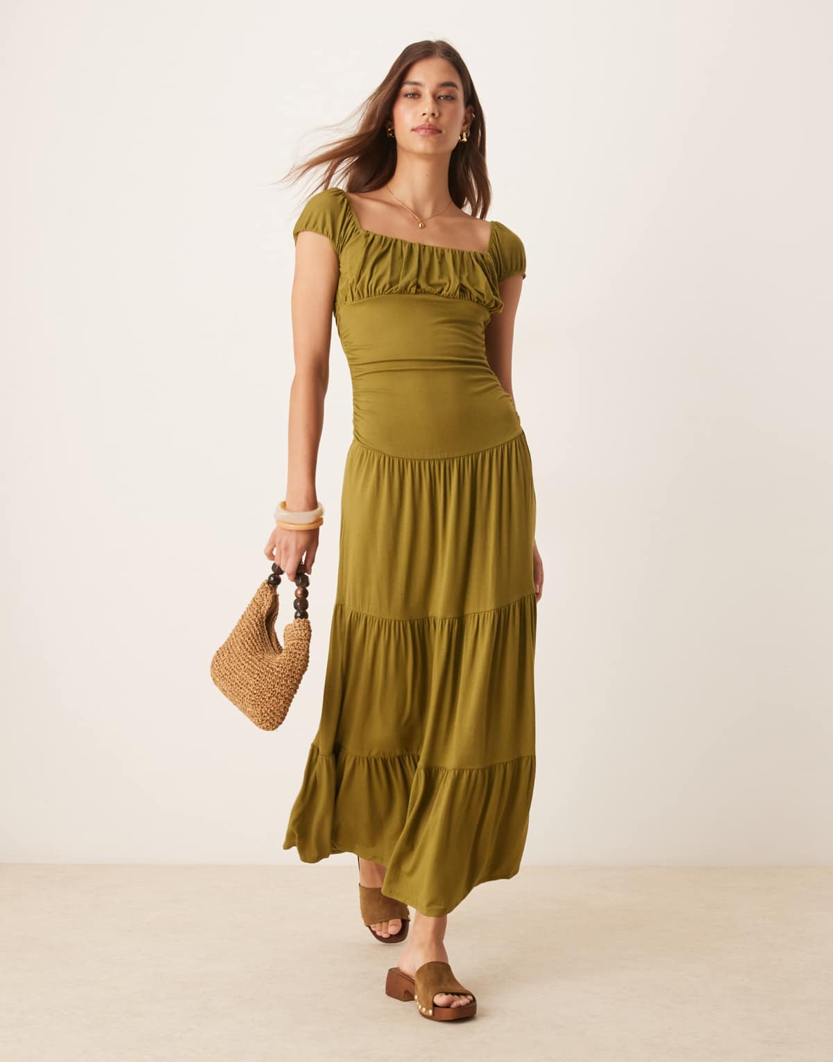 ASOS DESIGN ruched bust praire tiered maxi dress in green