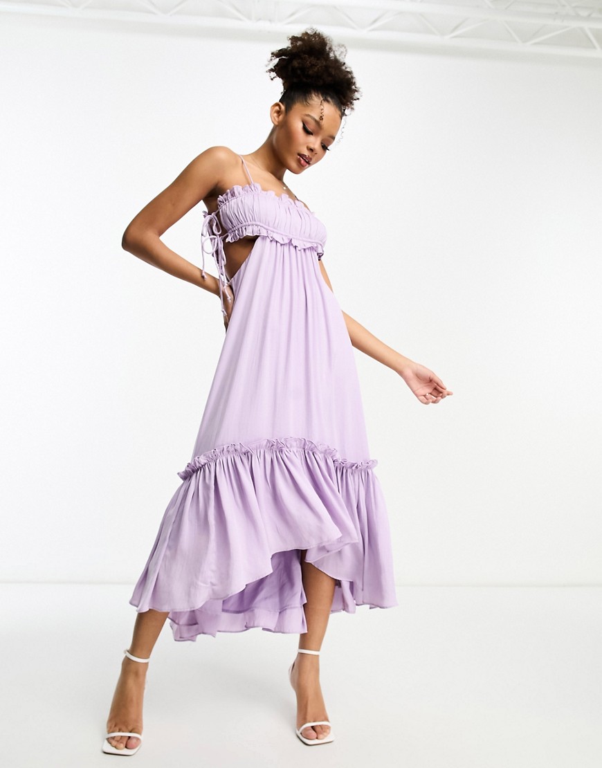 ASOS DESIGN ruched bust satin midi dress with tie detail and cut out in lilac-Purple