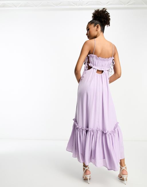 ASOS DESIGN ruched bust satin midi dress with tie detail and cut out in  lilac