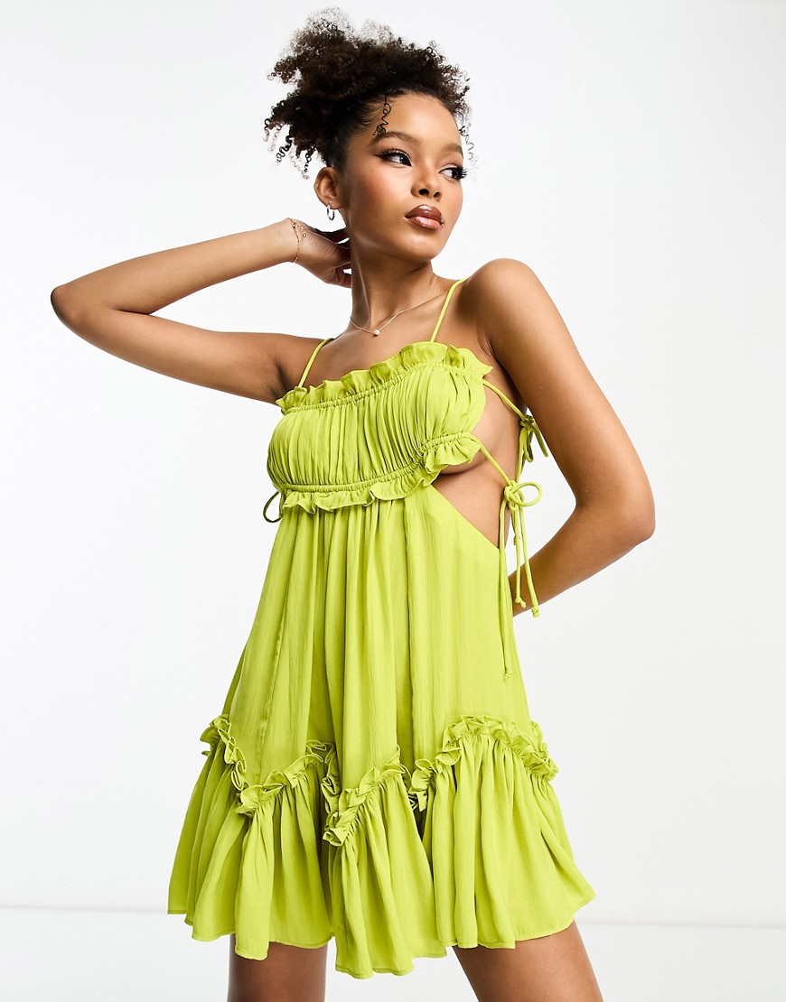 ASOS DESIGN ruched bust satin mini dress with tie detail and cut out in lime green