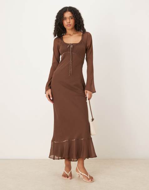 ASOS DESIGN ruched bust scoop long sleeve maxi dress in chocolate - view 1
