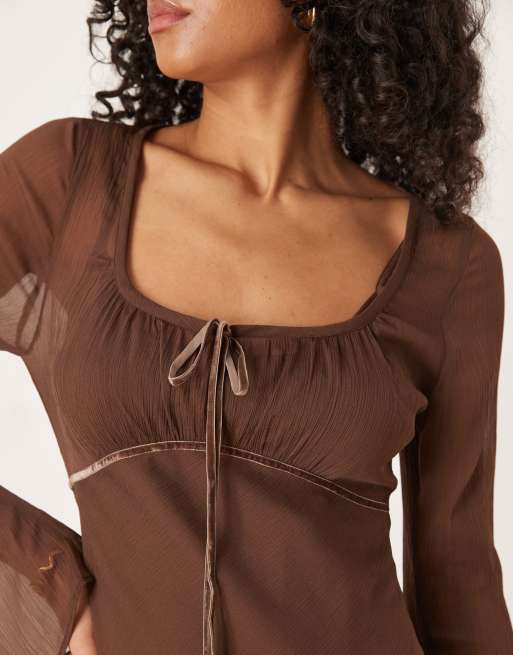 ASOS DESIGN ruched bust scoop long sleeve maxi dress in chocolate