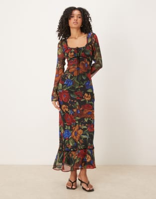 ASOS DESIGN ruched bust scoop long sleeve maxi dress in floral print-Multi