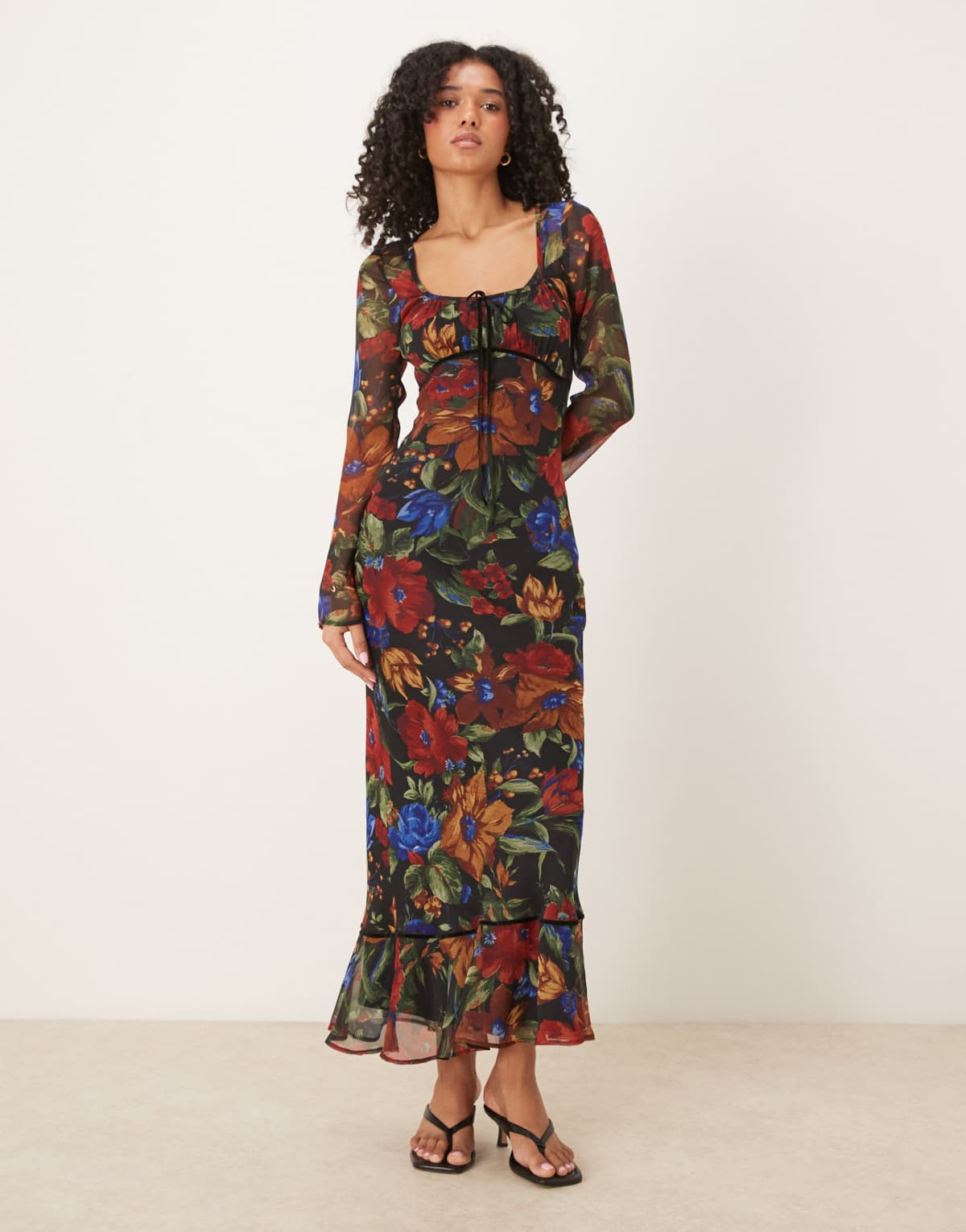 ASOS DESIGN ruched bust scoop long sleeve maxi dress in floral print