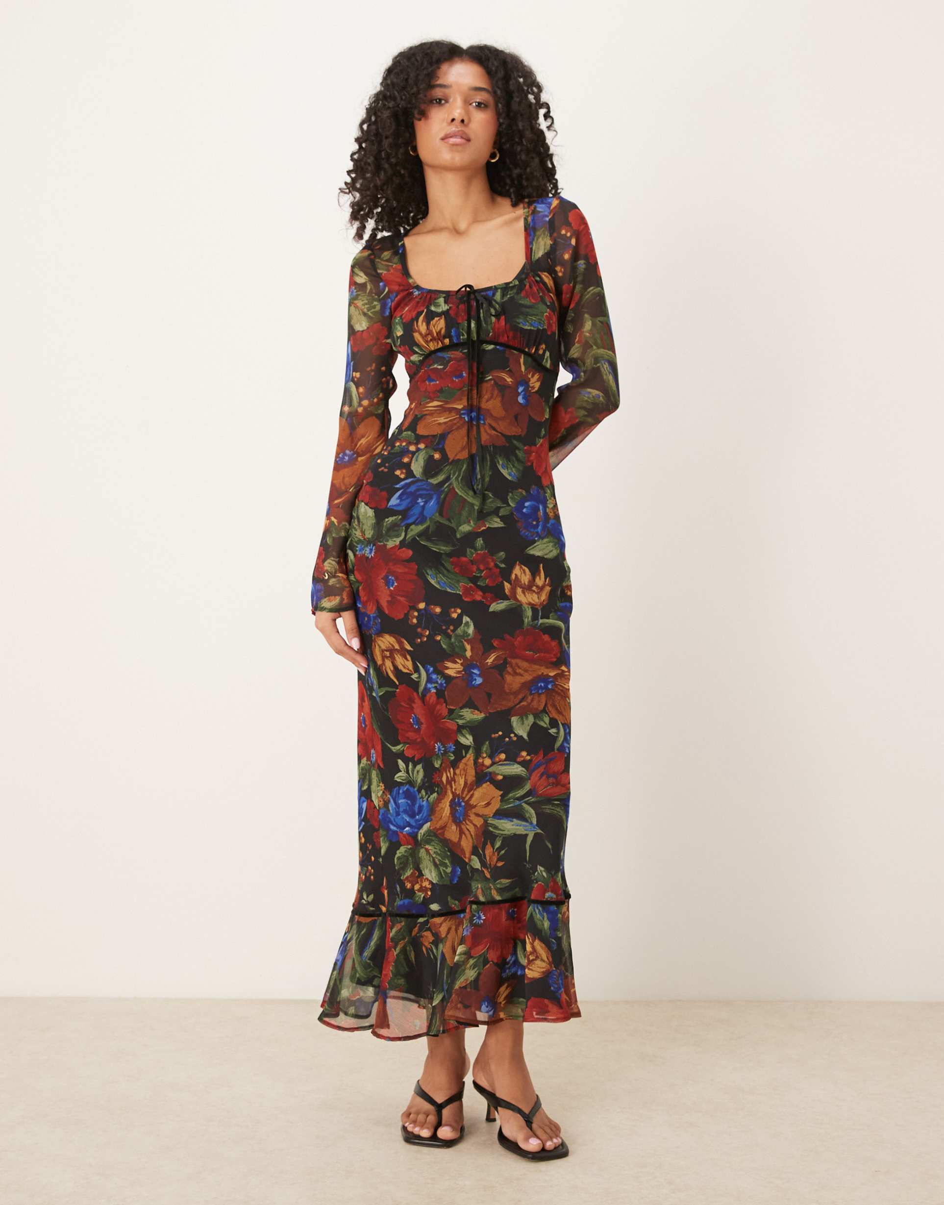 asos design ruched bust scoop long sleeve maxi dress in floral print