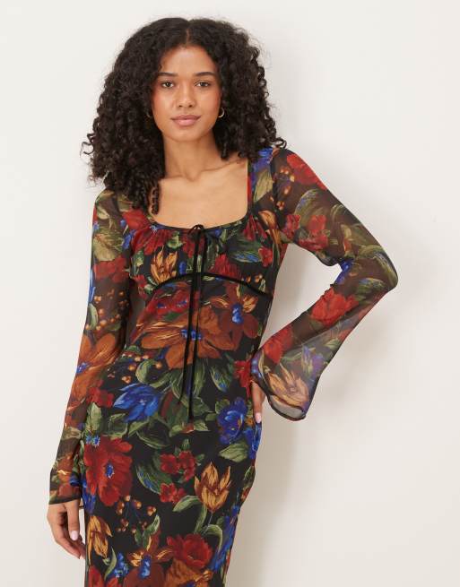 ASOS DESIGN ruched bust scoop long sleeve maxi dress in floral print