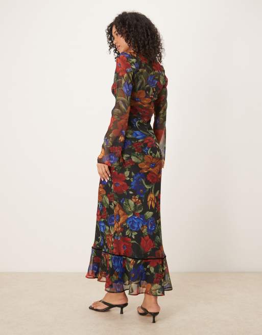 ASOS DESIGN ruched bust scoop long sleeve maxi dress in floral print