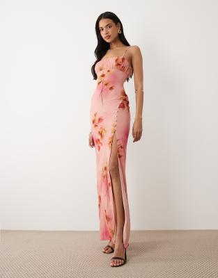 ASOS DESIGN ruched bust stretch chiffon maxi dress with buttoned up slit detail 