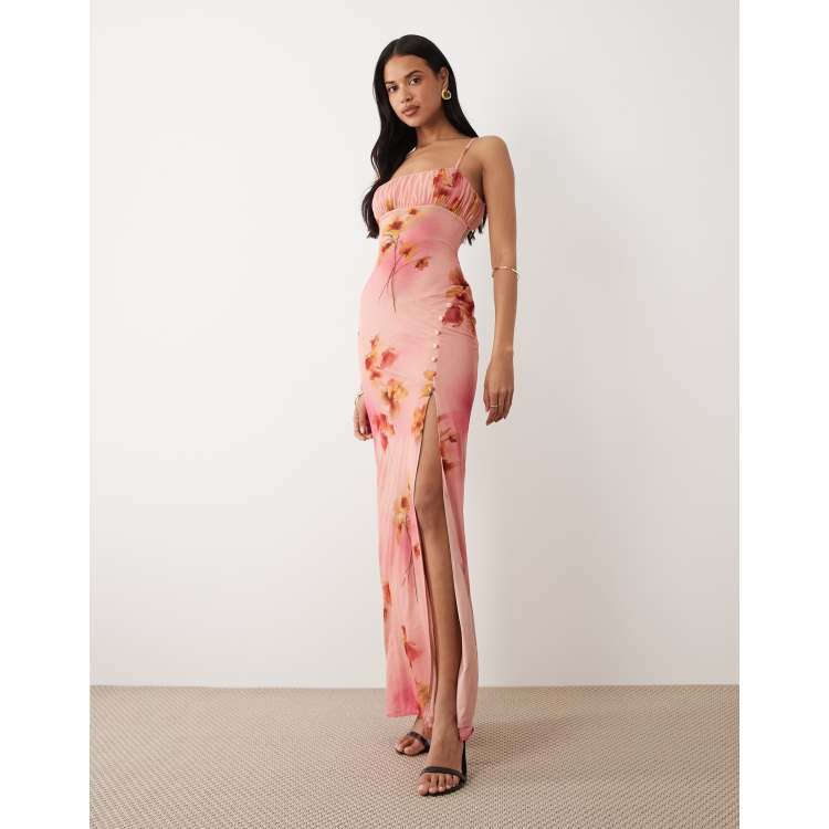 ASOS DESIGN ruched bust stretch chiffon maxi dress with buttoned up slit  detail in pink floral | ASOS