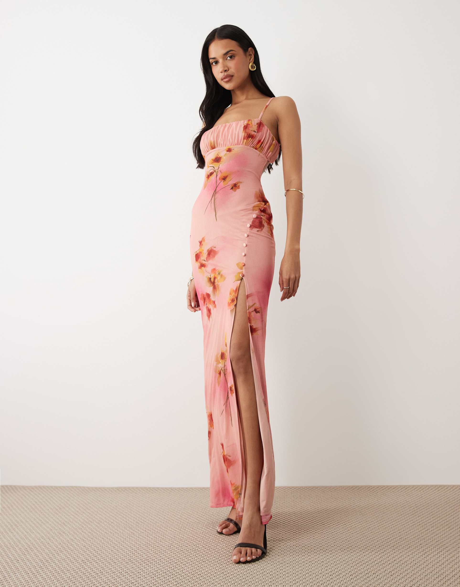 asos design ruched bust stretch chiffon maxi dress with buttoned up slit detail in pink floral
