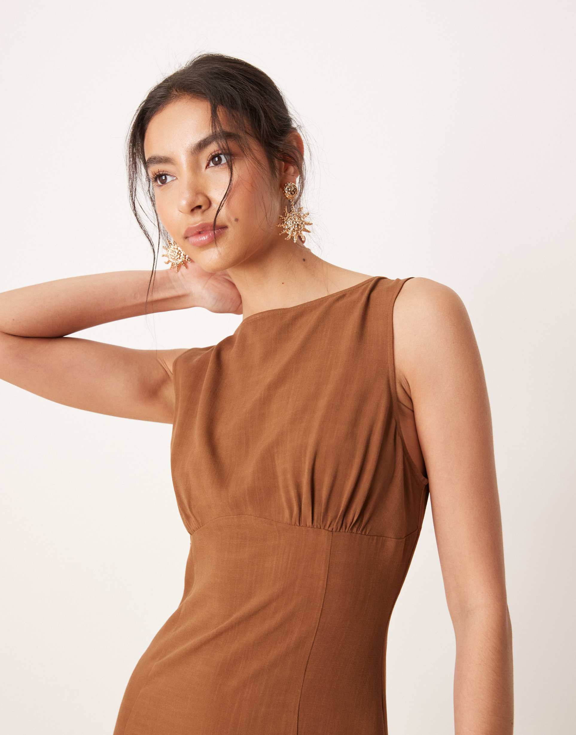 asos design ruched bust with lace trim mini dress in chocolate