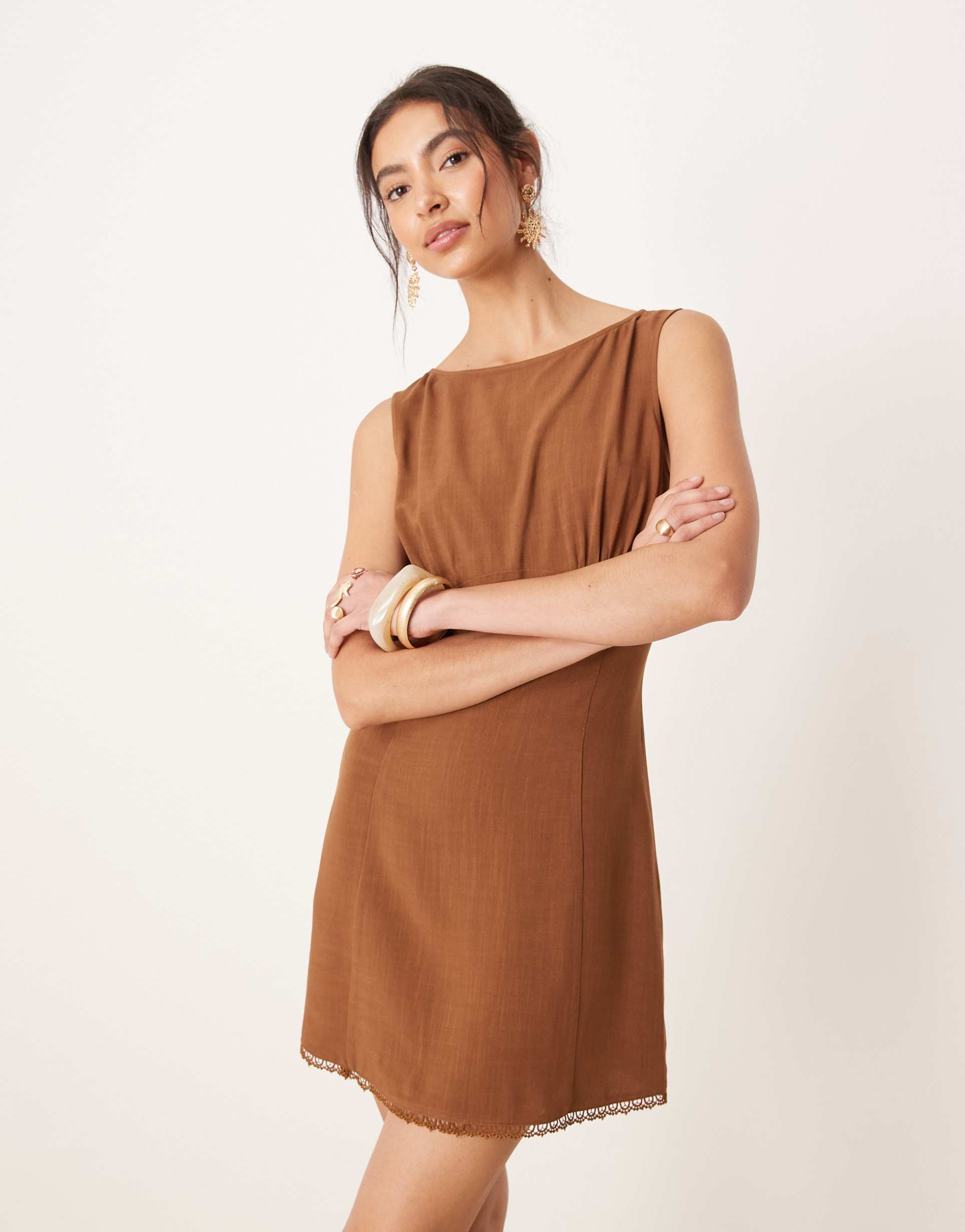 asos design ruched bust with lace trim mini dress in chocolate