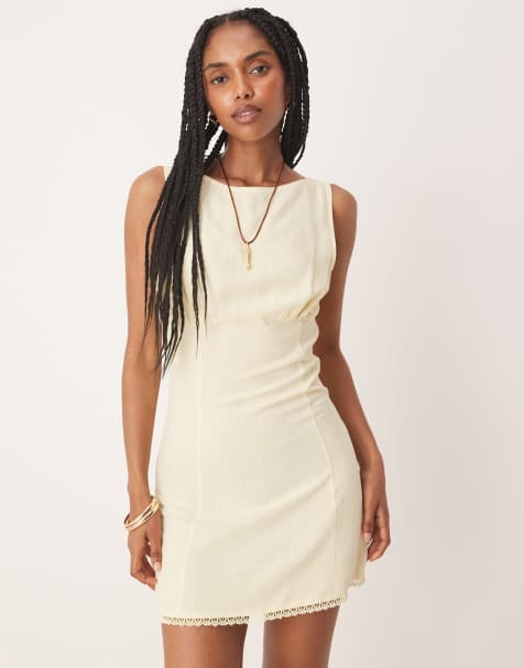 ASOS DESIGN ruched bust with lace trim mini dress in lemon - view 1
