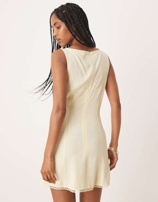 ASOS DESIGN ruched bust with lace trim mini dress in lemon, 3 of 4