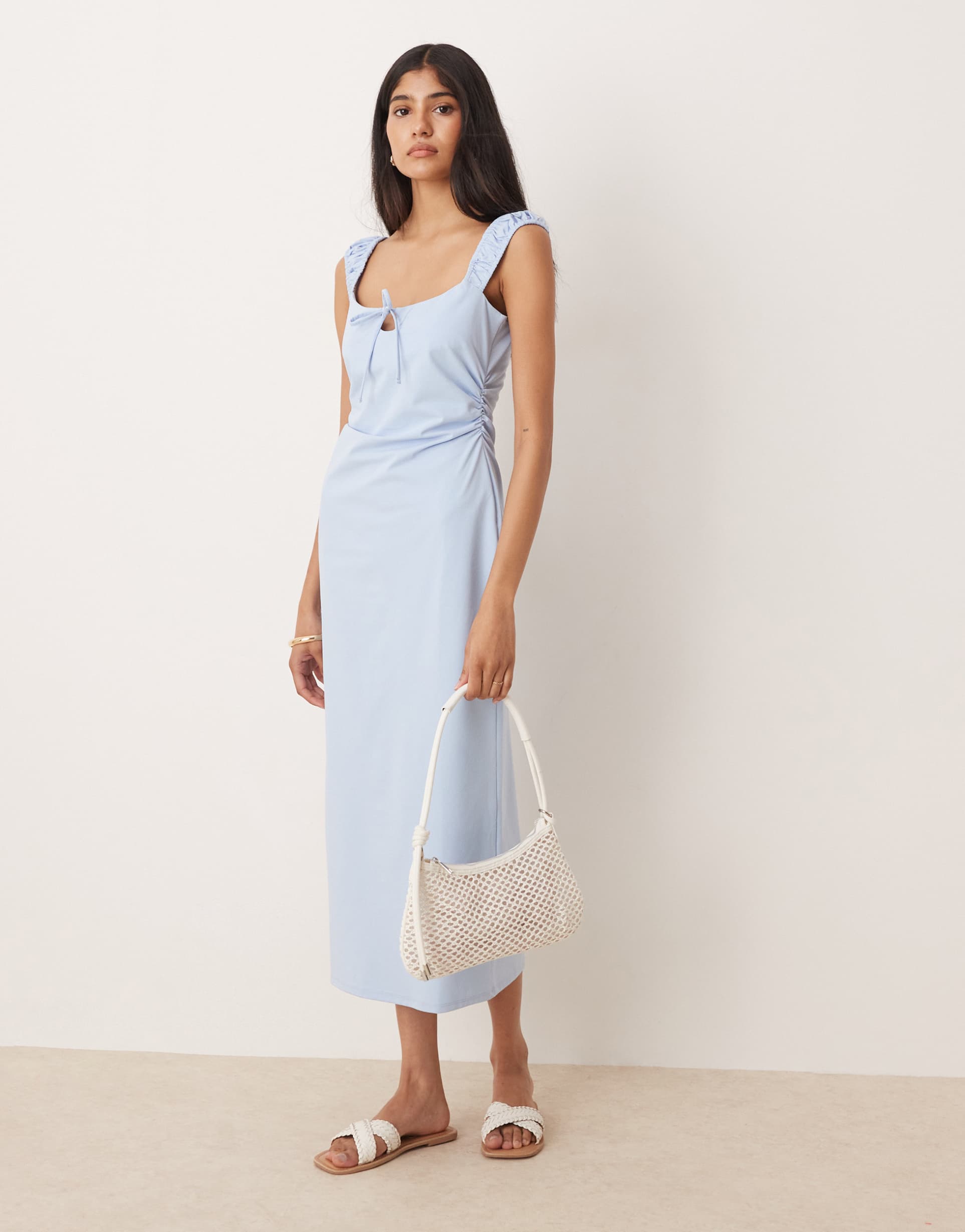 asos design ruched cap sleeve tie front midi dress in baby blue
