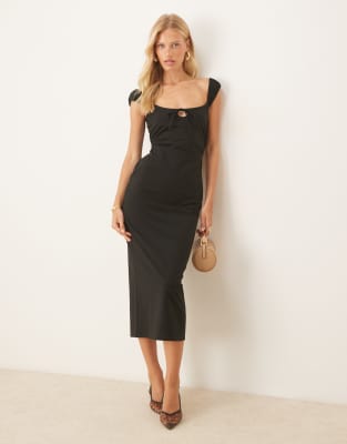 Asos Design Ruched Cap Sleeve Tie Front Midi Dress In Black