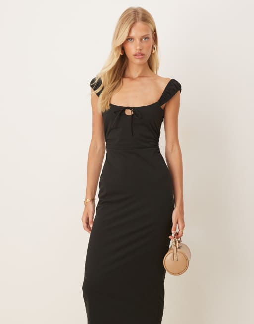 ASOS DESIGN ruched cap sleeve tie front midi dress in black