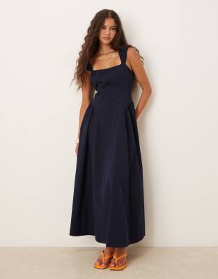 Asos Design Ruched Cap Sleeve Waisted Maxi Dress In Navy
