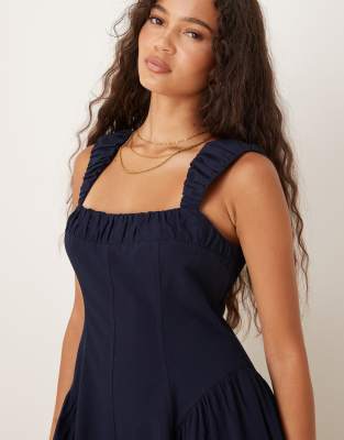 Asos Design Ruched Cap Sleeve Waisted Maxi Dress In Navy
