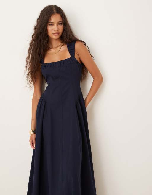 ASOS DESIGN ruched cap sleeve waisted maxi dress in navy ASOS