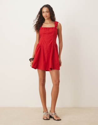 Asos Design Ruched Cap Sleeve Waisted Mini Dress In Red