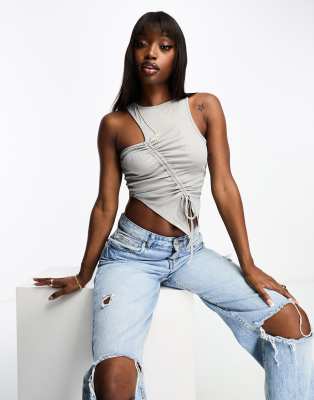 Asos Design Ruched Channel Front Ribbed Tank In Gray