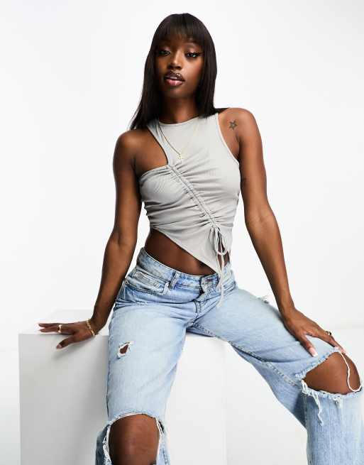 ASOS DESIGN ruched channel front ribbed tank in gray