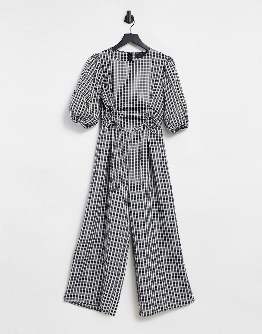 ASOS DESIGN ruched channel puff sleeve cullotte jumpsuit in mono gingham-Multi