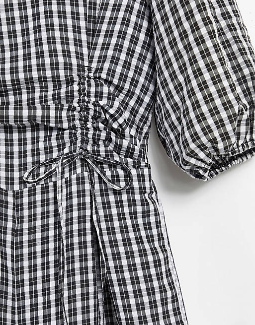 Jumpsuits & Playsuits ruched channel puff sleeve cullotte jumpsuit in mono gingham 