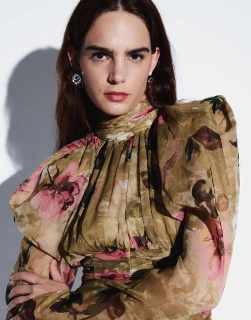 ASOS DESIGN ruched chiffon mini dress in pink floral, 4 of 8
