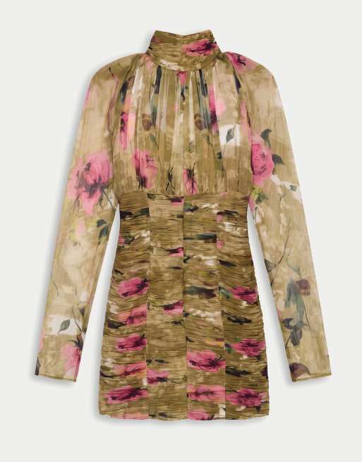 ASOS DESIGN ruched chiffon mini dress in pink floral, 5 of 8