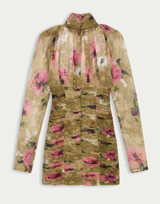 ASOS DESIGN ruched chiffon mini dress in pink floral, 6 of 8
