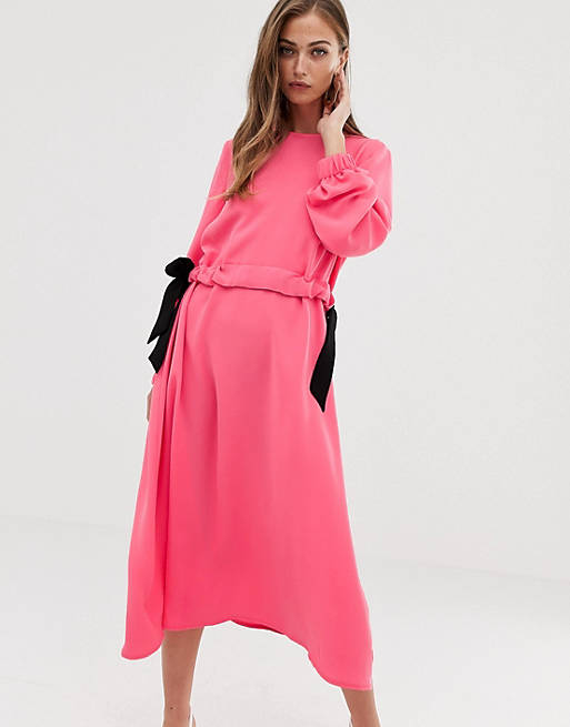 ASOS DESIGN ruched chuck on midi dress in neon