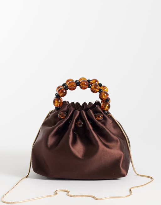 ASOS DESIGN ruched clutch with resin beads in brown satin, 4 of 4