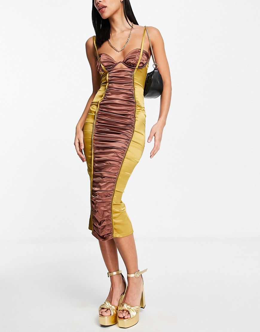 ASOS DESIGN ruched color block satin cami midi dress in gold and brown-Multi