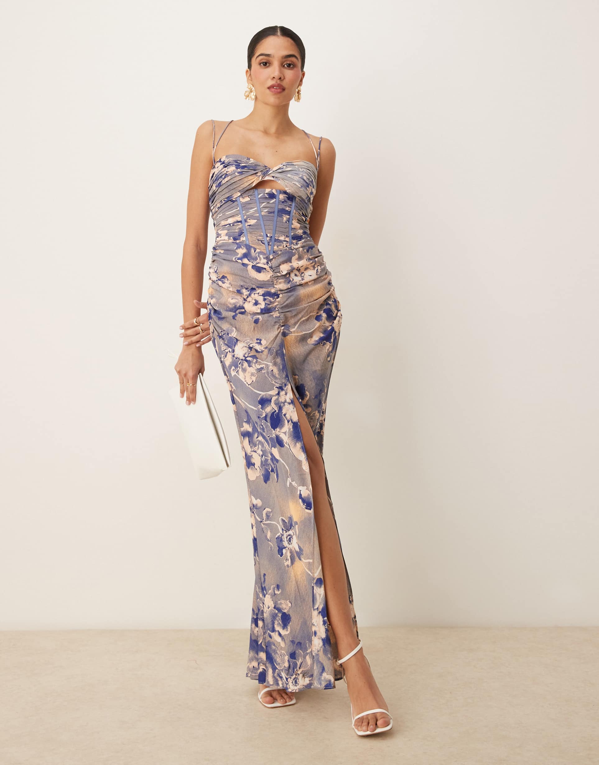 asos design ruched corset maxi dress with ruffle skirt and strap details in blue floral print