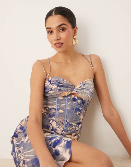 ASOS DESIGN ruched corset maxi dress with ruffle skirt and strap details in blue floral print