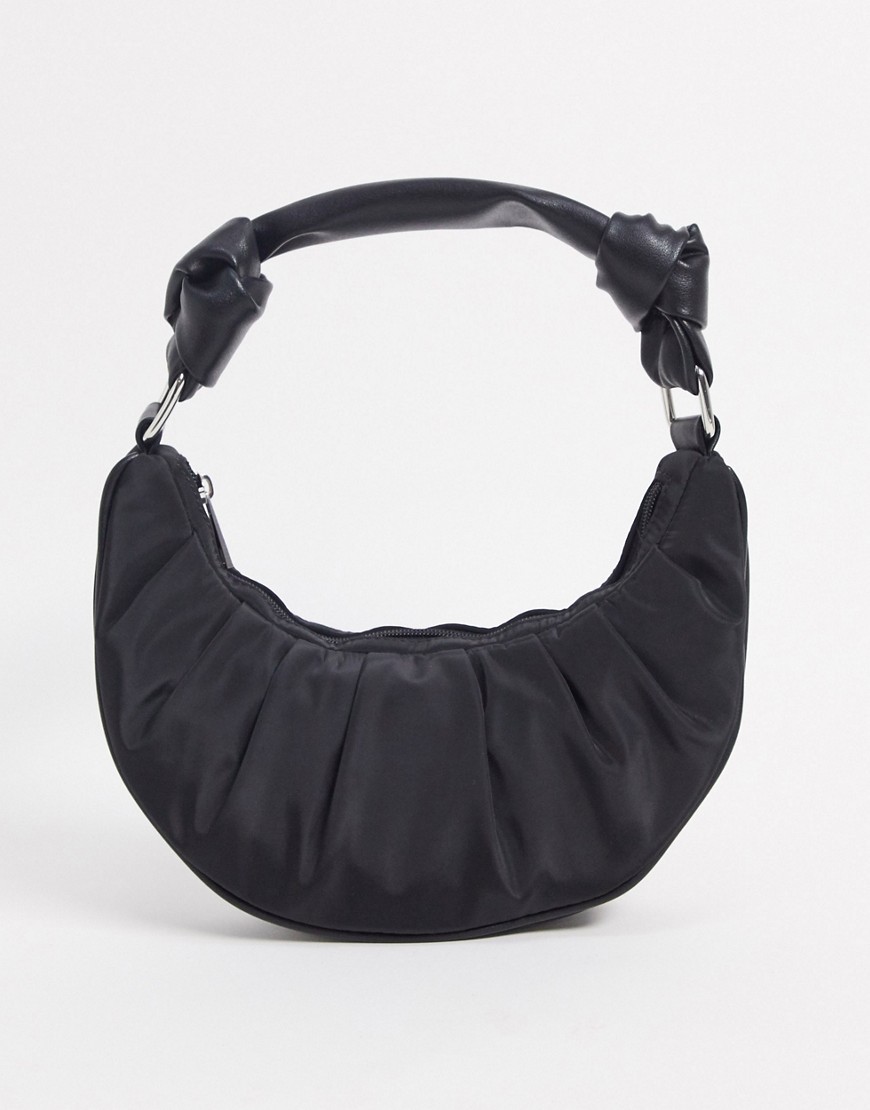 Asos Design Nylon Ruched Crescent Shoulder Bag In Black