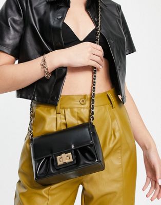ASOS DESIGN ruched cross body bag with chain strap in black